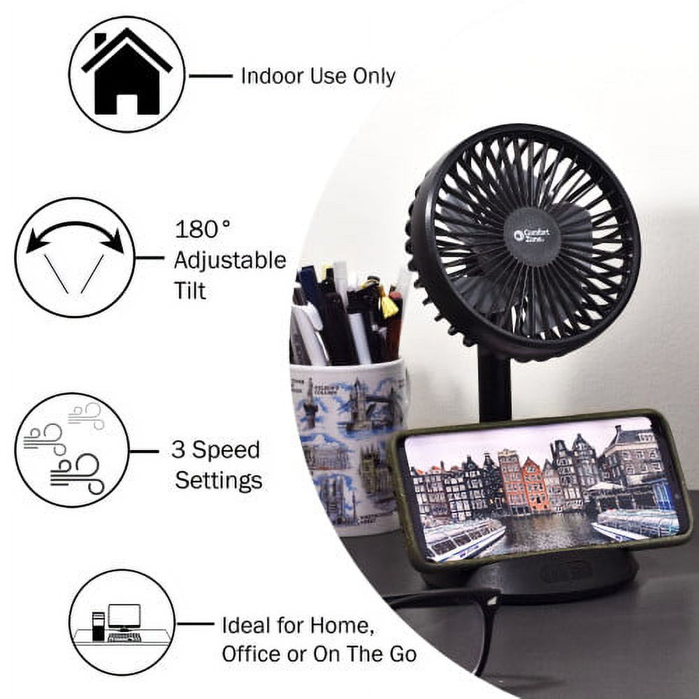 Comfort Zone 4” 3-Speed Rechargeable Fan w/Built-In Wireless Charger, Black