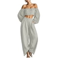 thumbnail image 2 of Yertdoel 2 Piece Sets for Women Fashion Off Shoulder Long Sleeve Crop Top Pocket Wide Leg Pants Solid Color Cute Matching Sets Party Casual Outfits, 2 of 5