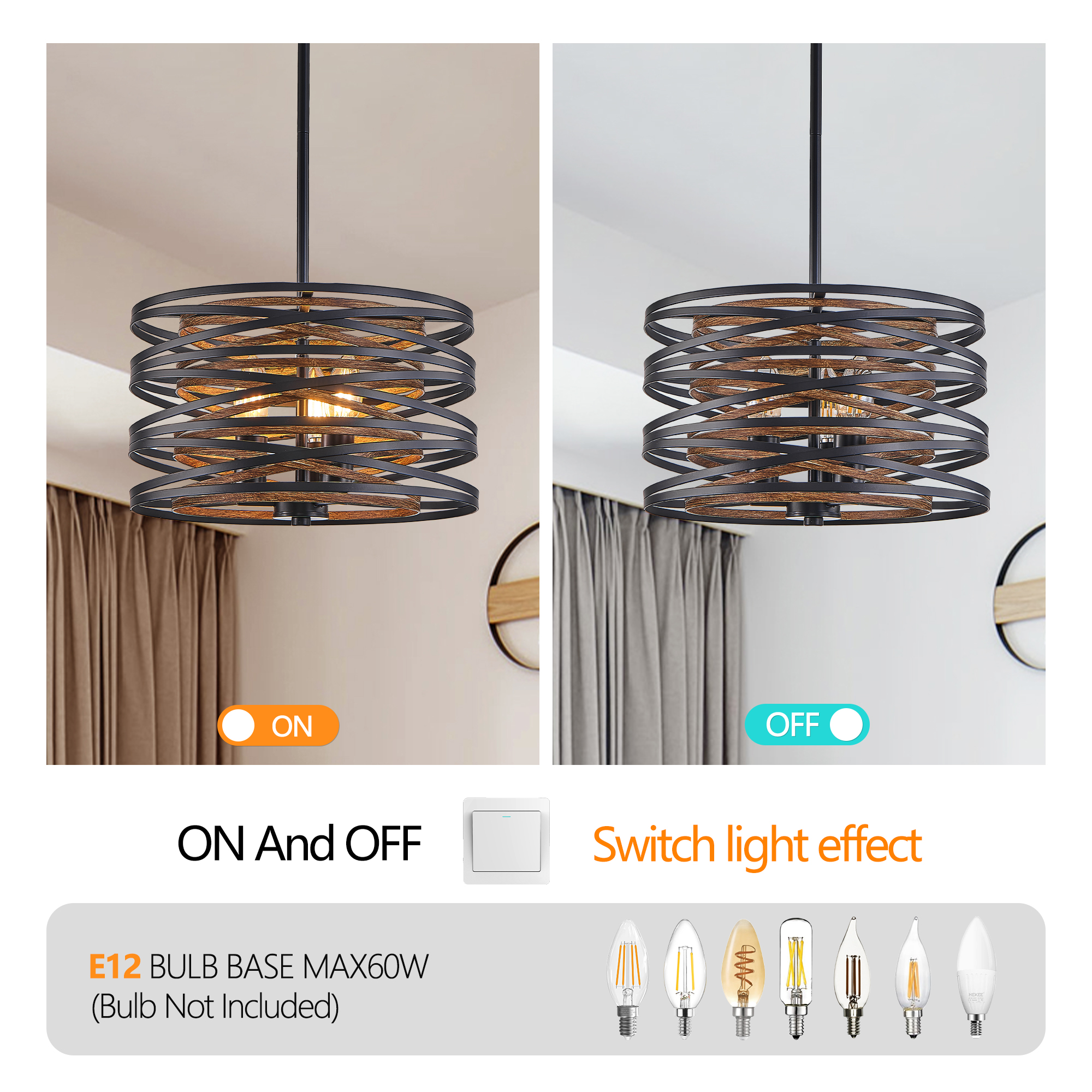 12.6''Farmhouse Chandeliers Rustic Drum Pendant Light for Dining Room,3-Light Industrial Metal Hanging Light Fixture, Retro Wood Texture Interior E12