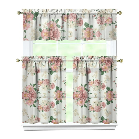 Pioneer Kitchen Curtains and Valance Set 36 Inch Tier Vintage Pink Floral 3 Pieces Set Dining Room Small Curtain Drapes Cafe Curtains Valance for Home Decor Rod Pocket