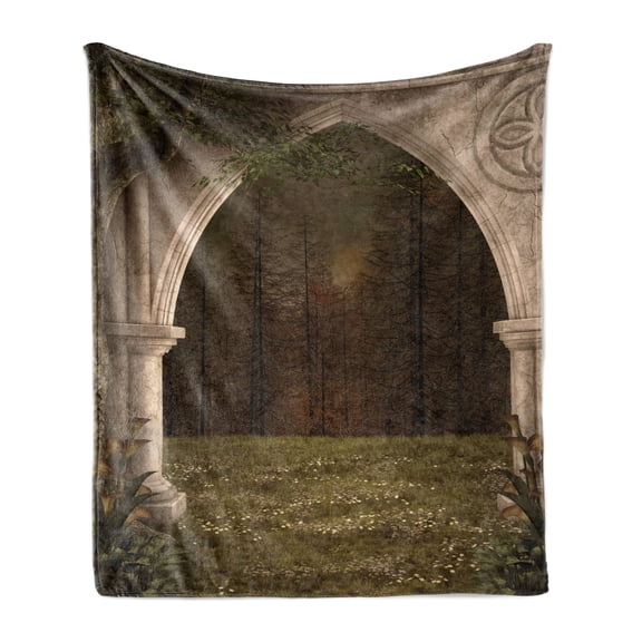 Gothic Soft Flannel Fleece Throw Blanket, Old Retro Arch in the Garden Renaissance Meadow Forest Dark Scary Design Image, Cozy Plush for Indoor and Outdoor Use, 50" x 60", Green Beige, by Ambesonne