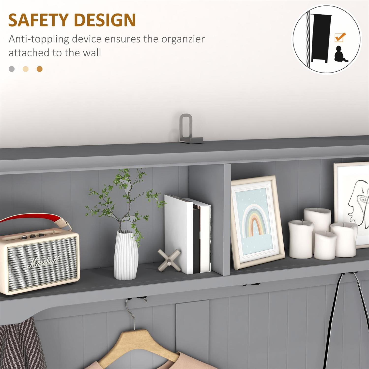 Demi Bonn 67" Hall Tree Bench with Coat Rack and Shoe Storage for Entryway and Mudroom, Padded Seat and Multi-Functional Storage for Hallway, Gray