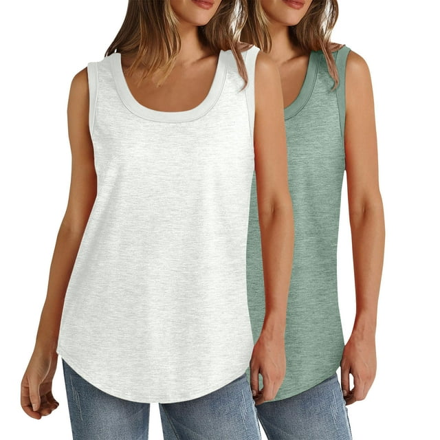 Timegard 2pc Plus Size Tank Tops for Women Round Neck Sleeveless Basic Tshirts Casual Loose Comfy Tops