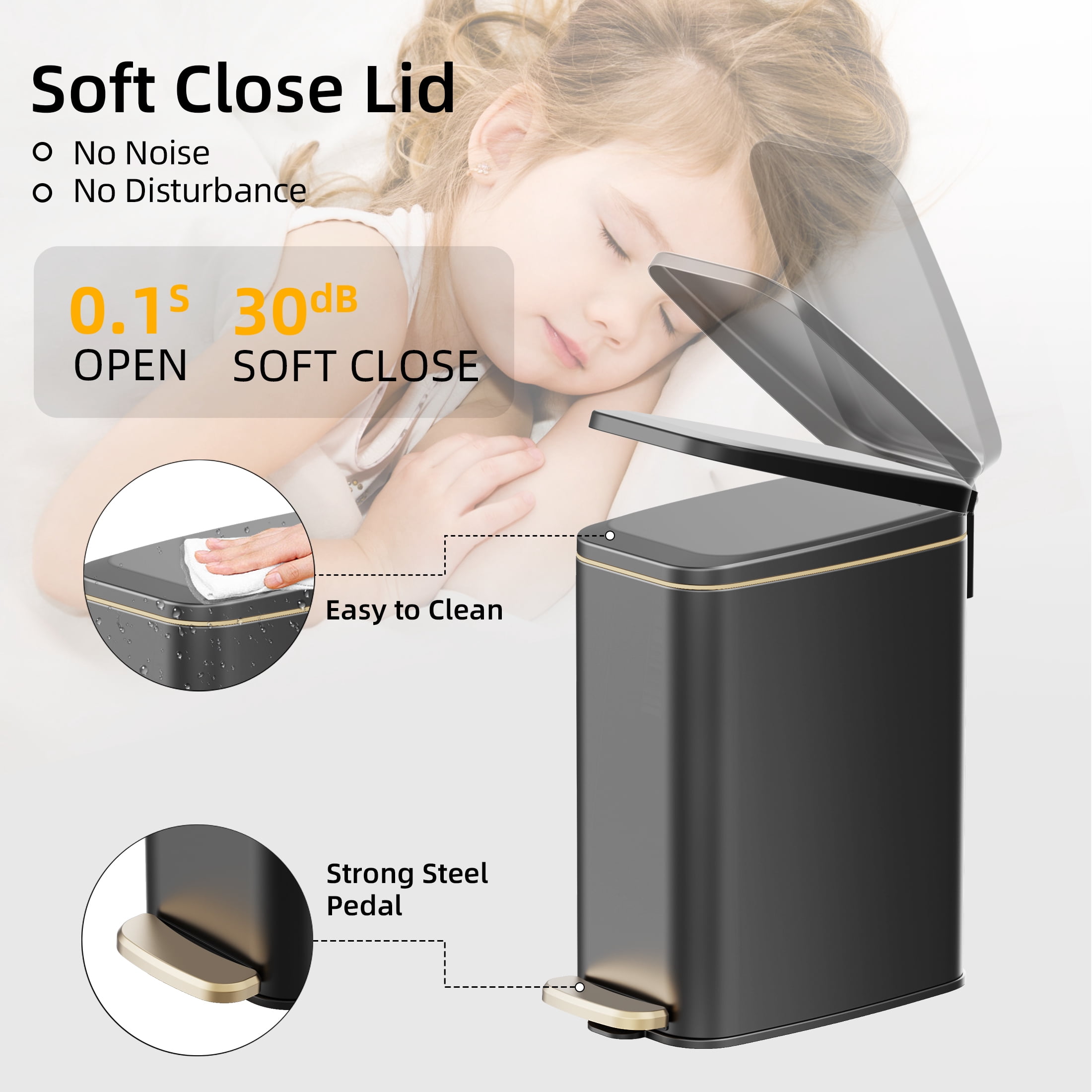 KSSKSS 1.6 Gallon/6L Small Bathroom Steel Step Trash Can, Soft-Close Lid & Fingerprint-Proof, Slim Wastebasket for Narrow Spaces (Black)