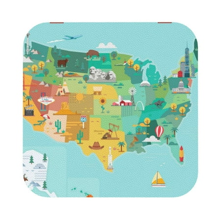 

Coaee USA Tourist Map Print Leather Coasters Set of 6 Non-Slip Washable Cup Coasters for Home Office Bar Square