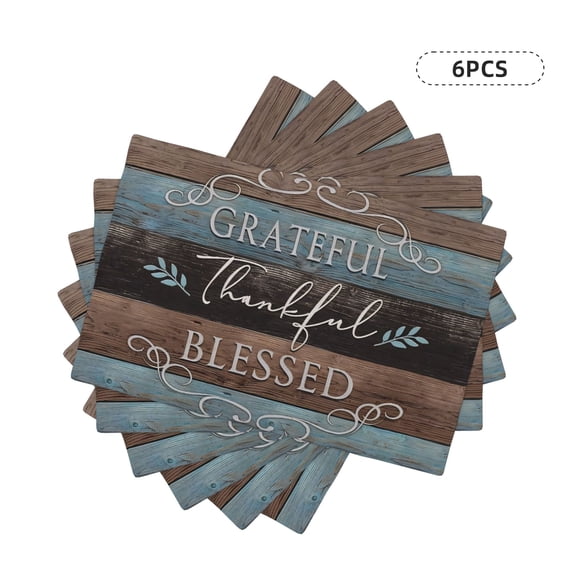 Thankful Grateful Blessed Placemats Set of 6 Place Mats for Kitchen Table Washable Farmhouse Linen Table Mats Dining Decoration 12x18 Inch