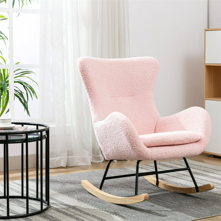 Modern Rocking Chair with Arms Teddy Fabric Nursery Rocking Chairs with Padded Seat and High Backrest Upholstered Armchair Accent Chair for Living Room Bedroom Balcony Teddy Pink Walmart