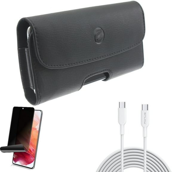 Privacy Screen Protector w 10ft Long Type-C Cable w Case Belt Clip for Samsung Galaxy S21 Plus - TPU Film Fingerprint Works, Fast Charger Cord PD, Leather Holster Accessory Bundle
