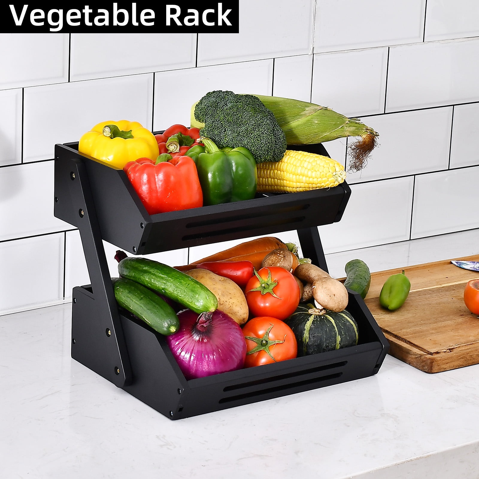Fruit Basket, 2 Tier Bamboo Fruit Bowl for Kitchen Counter, 11" Tall Produce Storage Stand for Vegetables and Snack, 15 mm Thickness (Self-Assembly)