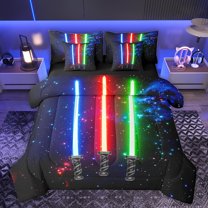 jejeloiu Lightsaber Fashion Games 7-Piece Twin Bedding Sets,Galaxy Starry Sky Bedding Comforter Set,Red Blue Green Sheet Sets For Teens,Luxury Bedroom Decor Reversible
