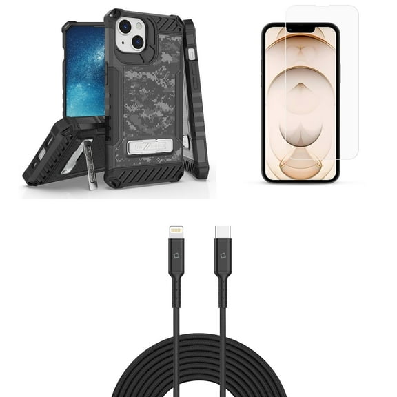 Bemz iPhone 13 Bundle: Tri Shield Shockproof Armor Rugged Case (Grey Pixel Camo), Premium Glass Screen Protectors (2-Pack), USB-C to Lightning Cable (3.3ft/1m)