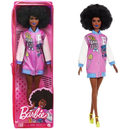 Barbie Fashionistas Doll #156 with Brunette Afro & Blue Lips Wearing Graphic Coat Dress
