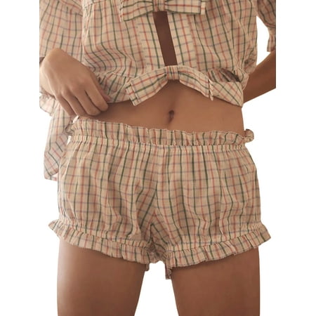 Shark Slippers Women s Summer Lounge Shorts Casual Cherry Print Elastic Waist Ruffled Bloomers