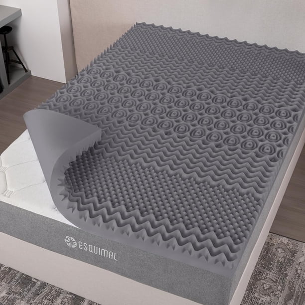 Colchoneta de Memory Foam con Gel, Sobrecolchón Topper 7 Zonas de Presion, Confort Acolchado, Cama Suave, Soporte Premium para Espalda, Protector de colchones 5 cm (Matrimonial, Azul)