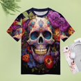 thumbnail image 4 of Colorful Flower Skull Womens Tops Women's Fashion Casual Short Sleeve Flower Print Round Neck Pullover Top Blouse, 4 of 6