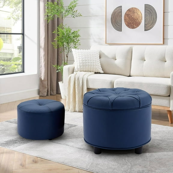 Upholstered Fabric Button Tufted Round Foot Rest Ottoman with Storage for Living Room (Set of 2)