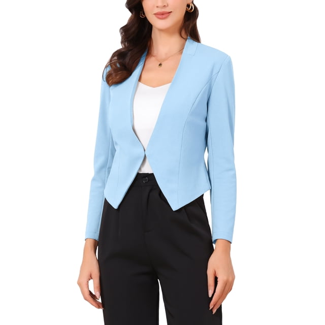 Blazer de oficina para mujer sin cuello, traje casual de negocios, blazer corto, L azul cielo