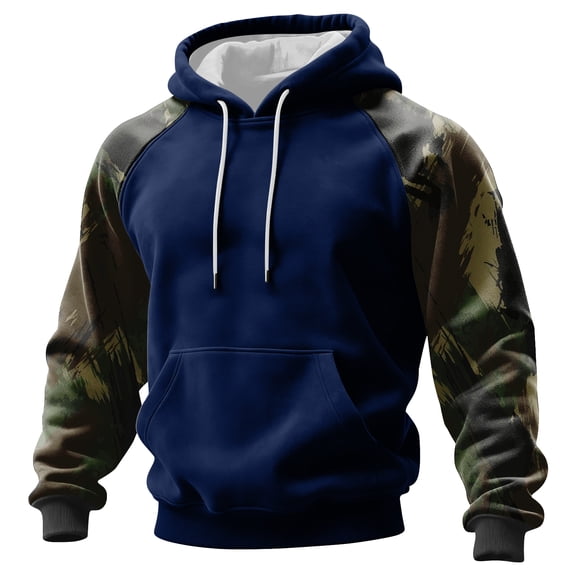 Men’s Pullover Hoodie with Camouflage Print Sleeves Adjustable Drawstring Hood and Front Kangaroo Pocket Casual Style Dark Blue L