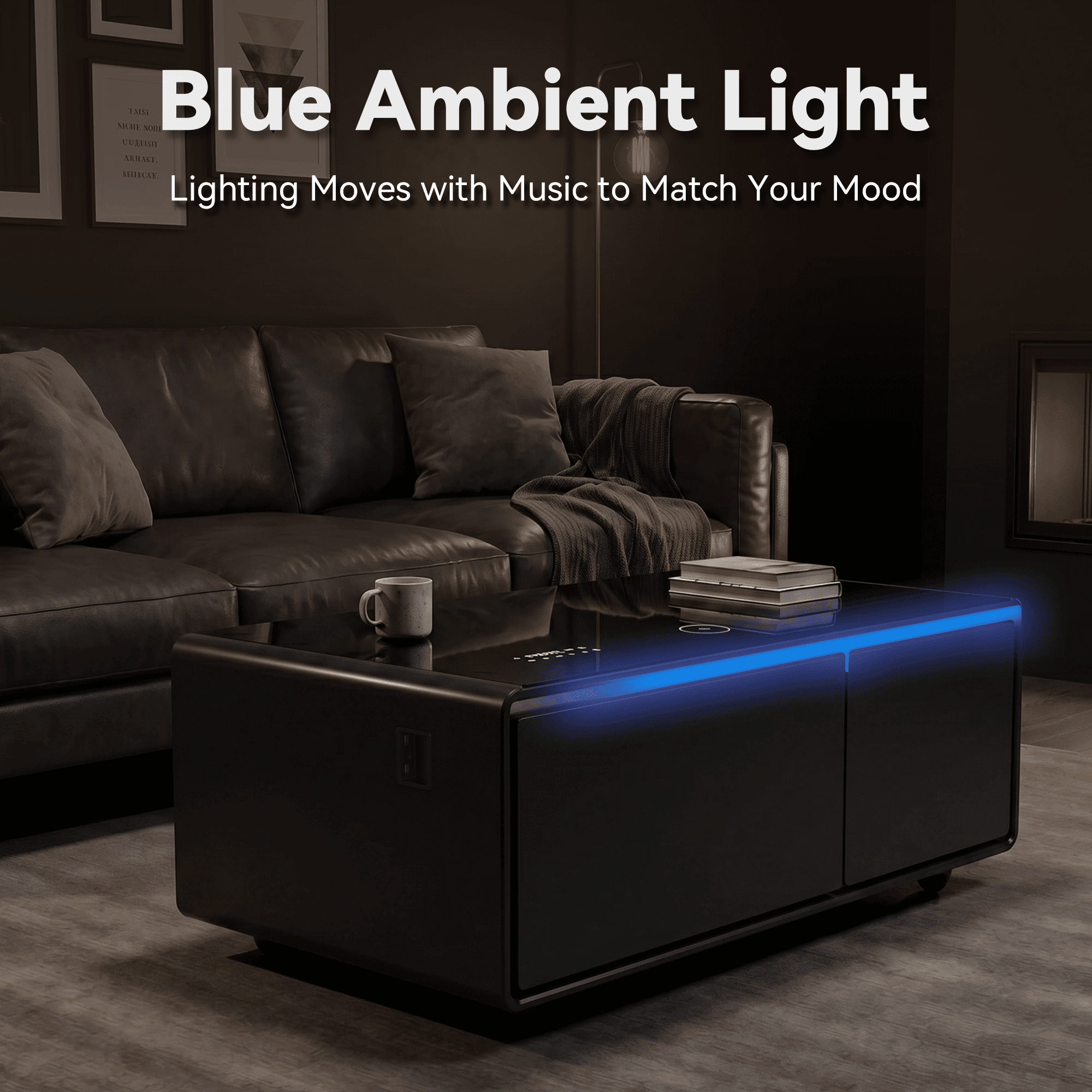 LIVTAB Smart Coffee Table, 23" D x 41.5" W x 18.1" H, Living Room Table with Built in Fridge and Speakers, Smart Table with 15W Wireless Charging, USB Chargers and 110V Outlets, Black
