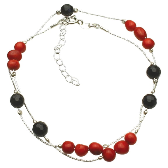 Sterling Silver Bamboo Coral Puff Beads Station Italian Chain Necklace 16" 2" Extender