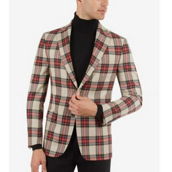 Tallia Men's Slim-Fit Cream & Red Tartan Sport Coat, 38 R