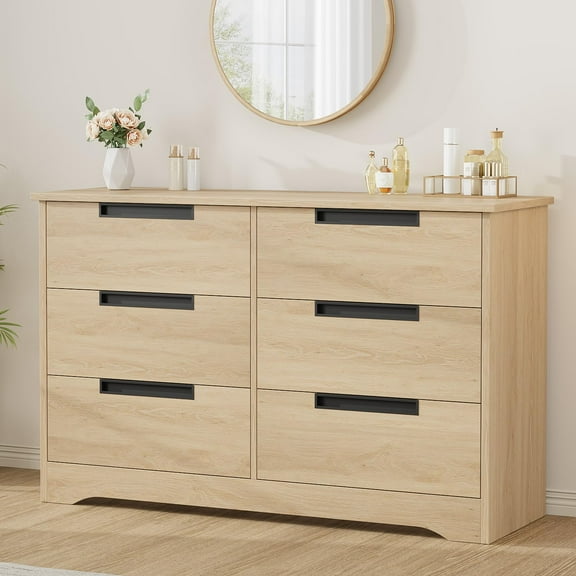 EcoSummer 6 Drawer Dresser, Natural Wood Modern Double Dresser with Embedded Handles, Sturdy Chest of Drawers for Bedroom, Nursery, Living Room