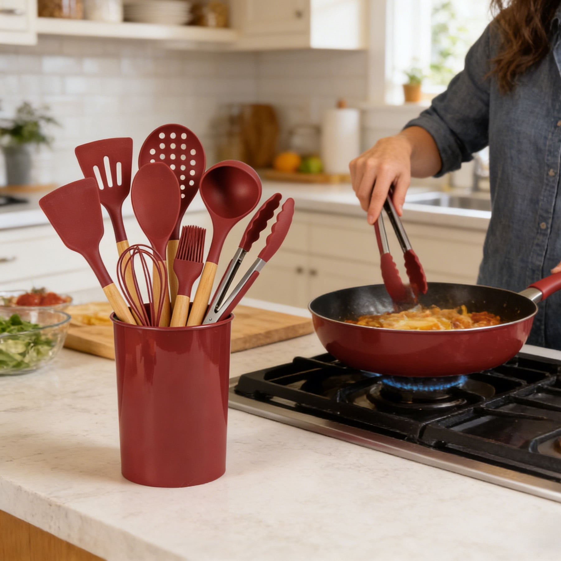 Mainstays Bamboo and Silicone Luscious Merlot Gadgets Set, 14 pieces