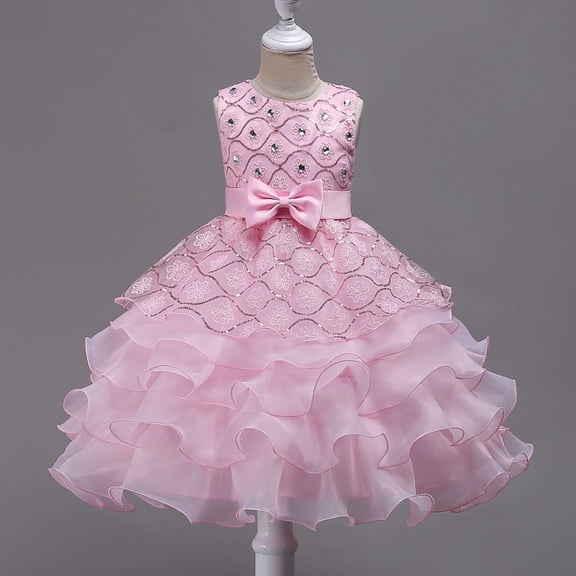 Xdegoge Princess Dress for Girls Sleeveless Sequin Bodice Layered Ruffle Tulle Skirt Wedding Pageant Gown Bowknot Detail Special Occasion Elegant Appare Size 12 Years