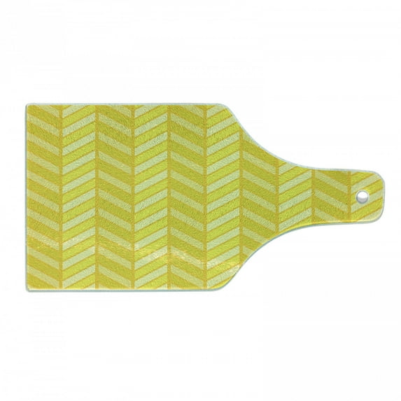 Yellow Chevron Cutting Board, Vertical Retro Chevron Motif in Yellow Color Tones, Decorative Tempered Glass Cutting and Serving Board, Wine Bottle Shape, Avocado Green Yellow, by Ambesonne