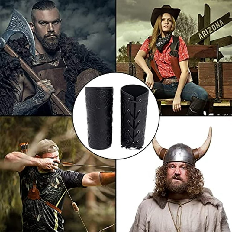 2PCS Viking Bracers Leather Gauntlet Wristband Celtic Knot Arm Armor Guards  Tree of Life Medieval Archery Unisex Leather Cuffs Armband for Men Women  Cosplay Costume(Black) 