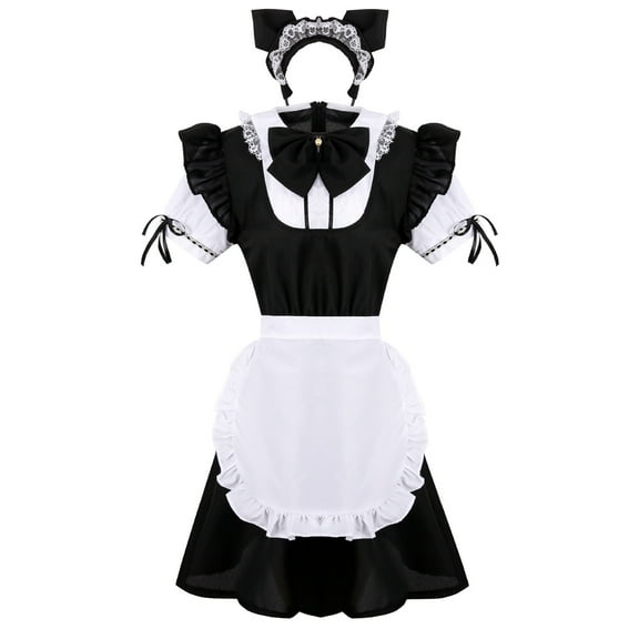 Lilgiuy Women's French Maid Outfit Anime Cosplay Costume Apron Bow Knot Tie Headband Set Gifts for Your Bosom Friend