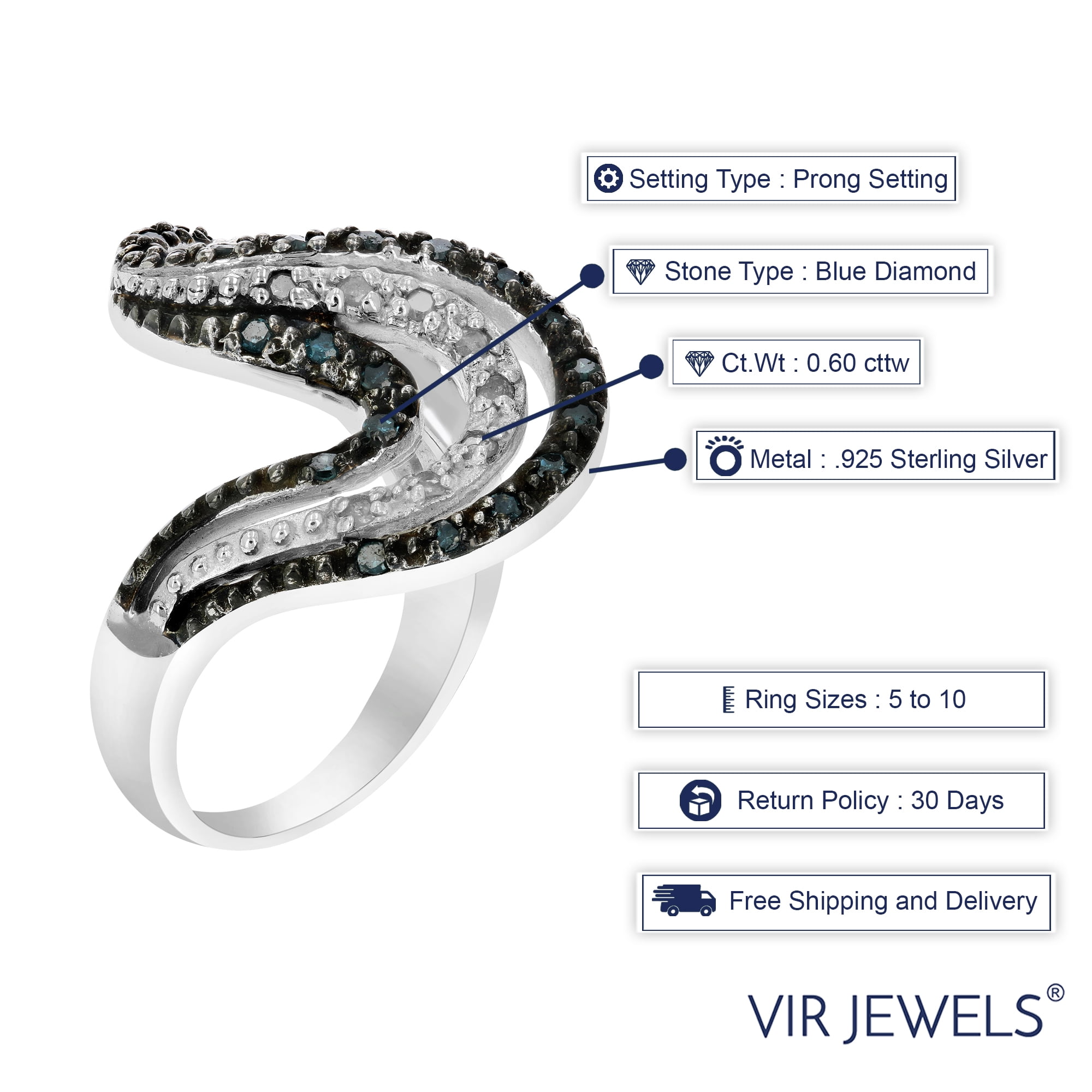 Vir Jewels 0.60 CTTW Blue and White Diamond Wave Ring .925 Sterling Silver with Rhodium Size 6