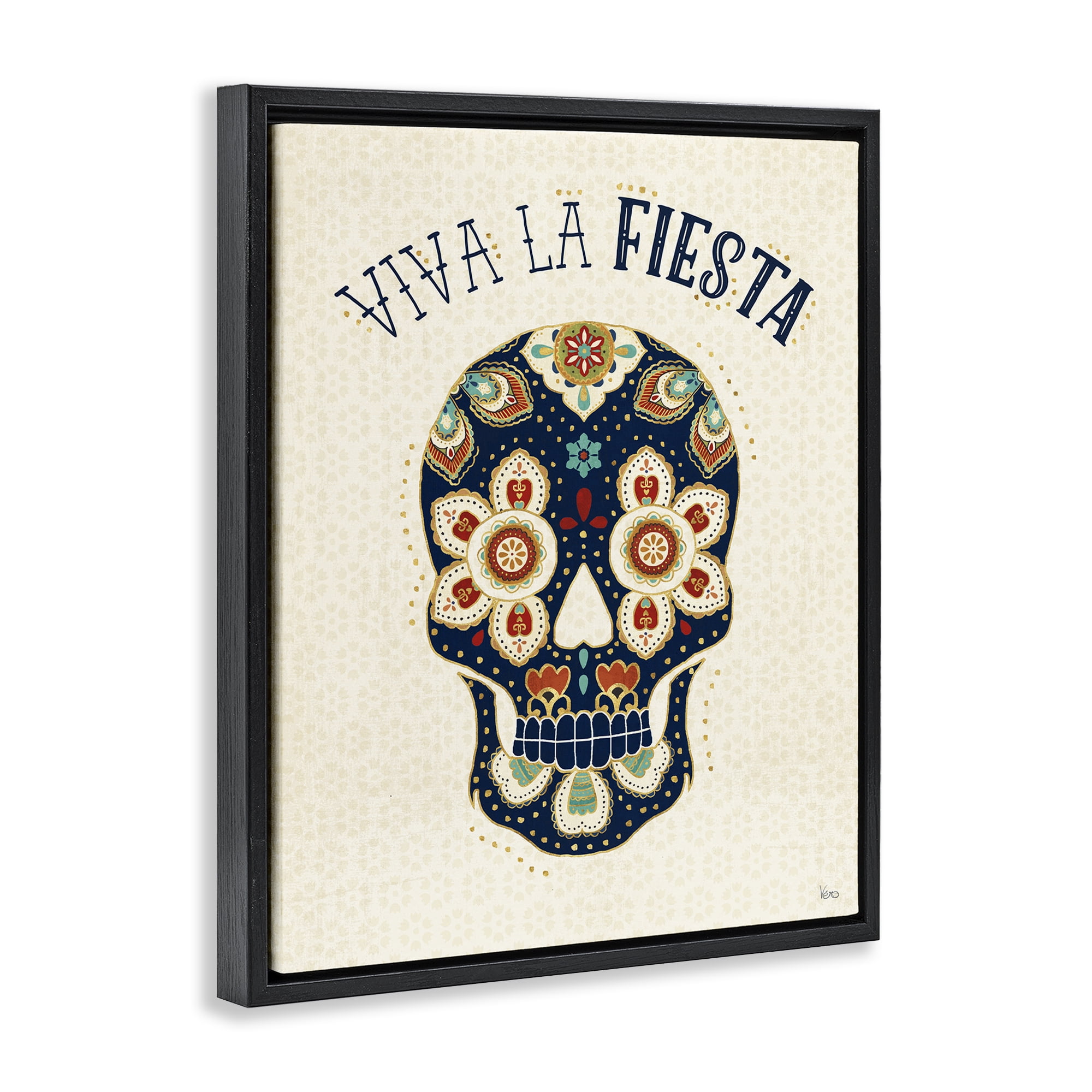 Stupell Industries Viva la Fiesta Calavera Inspirational Quotes & Sayings Painting Black Floater Framed Art Print Wall Art, 17 x 21