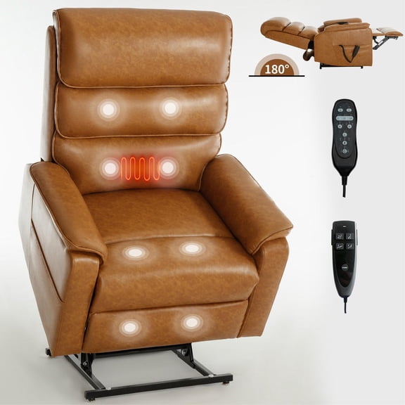 Barara King Home Recliner Single Sofa Seat with Power-Remote, Heat Massage and Heavy Duty Motion Mechanism, Reclining Chair with Leatheraire and Up to 350 LBS Power Lift for Living Room, Light Brown