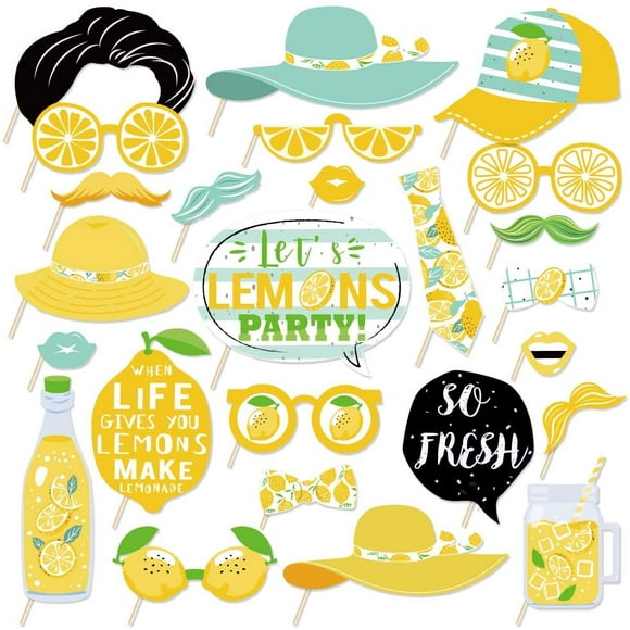 HTOOQ 25Pcs Lemon Photo Booth Props with Stick, Citrus Lemonade Theme Selfie Props, Lime Birthday Party Supplies, Photography Backdrop Decorations Lemon Photo Booth Props -
