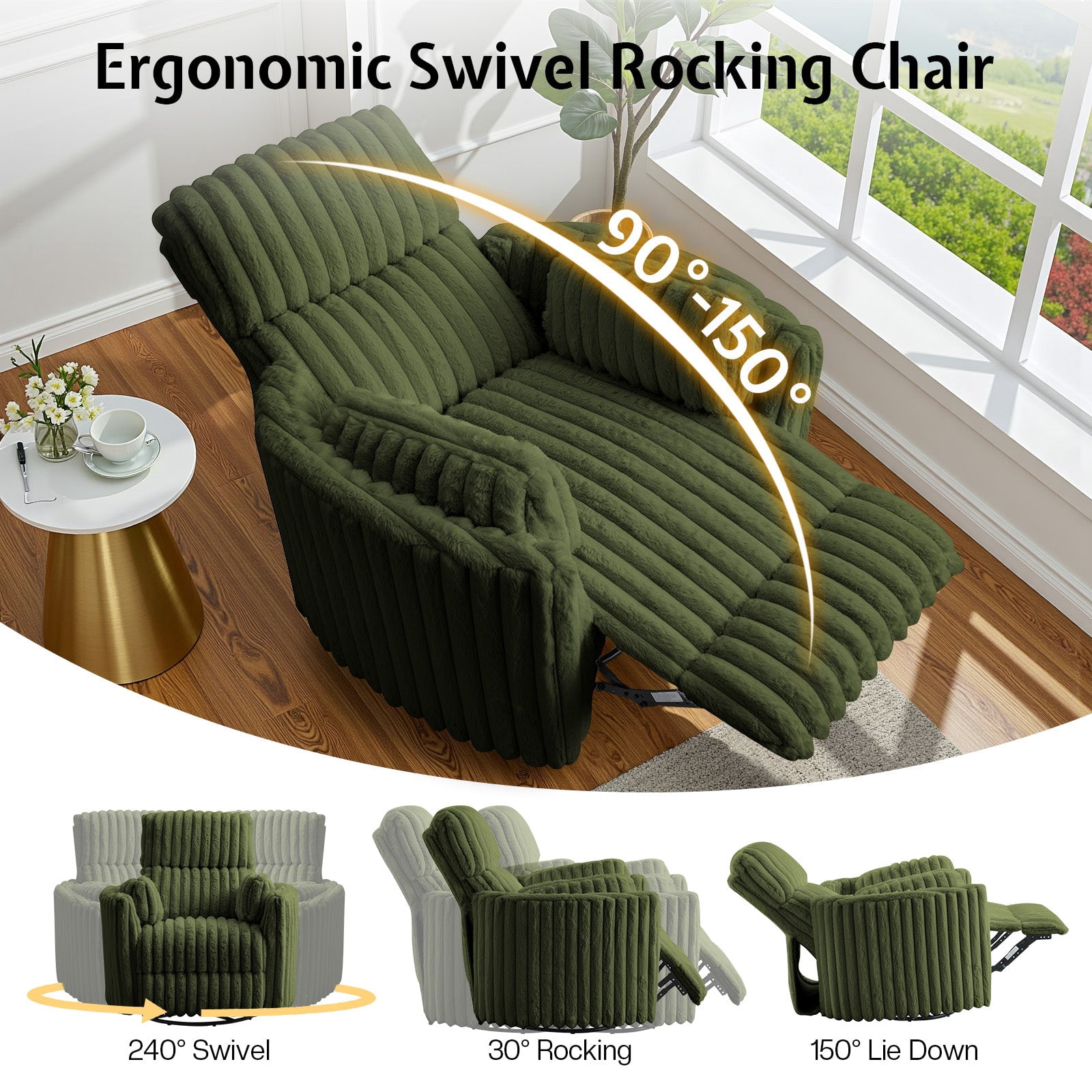 Merluxy Power Recliner Nursery Chair for Adults, Electric Swivel Rocking Glider with USB & Type-C for Living Room, Bedroom, Green
