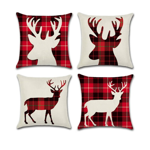 Christmas Red Plaid Reindeer Design Cotton Linen Fabric Decorative Indoor Outdoor Throw Pillow Cover Set 18x18