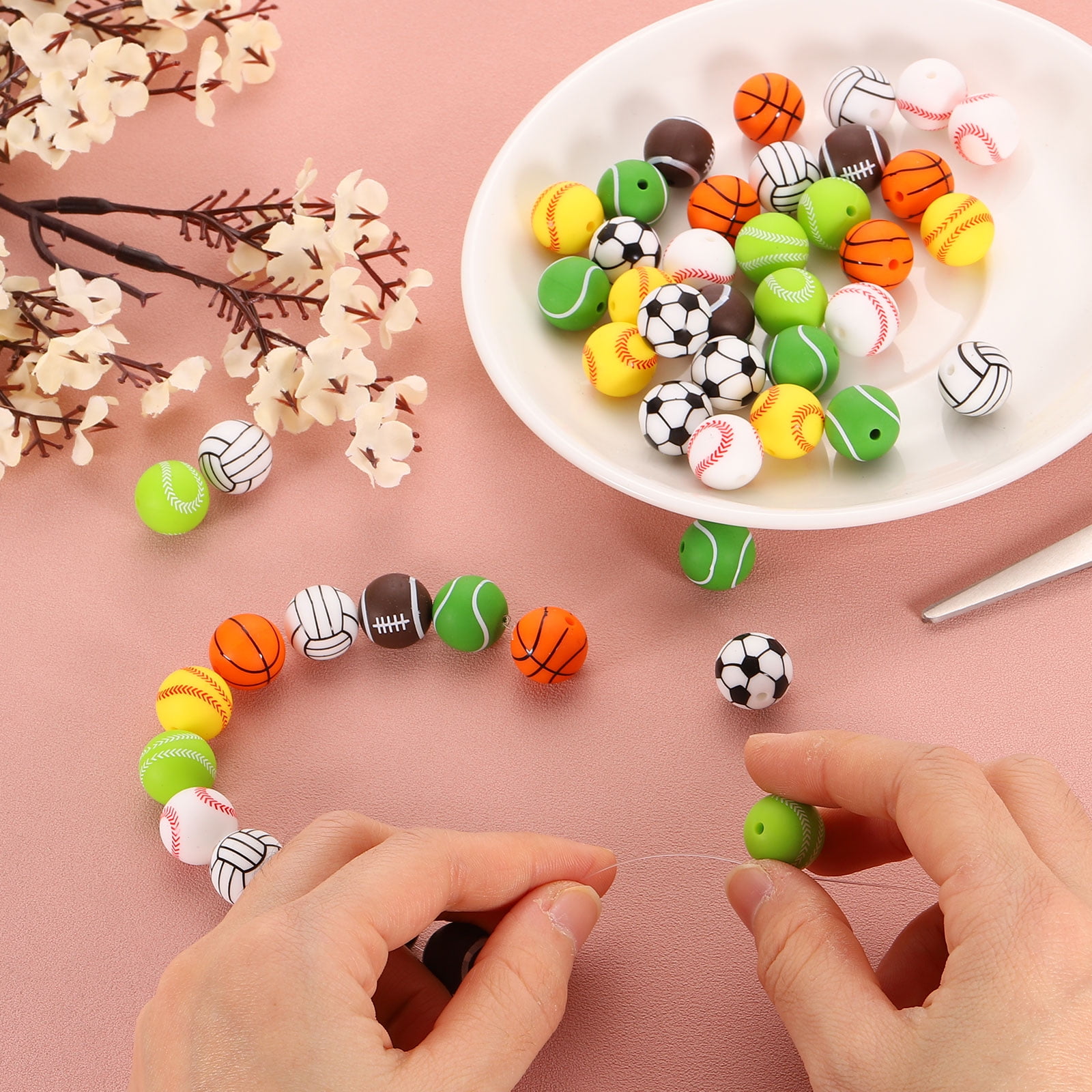 Sports Ball Beads, 100Pcs 15mm - Silicone Round Spacer Focal Beads, Rubber Loose Print Sports Beads for Keychain Making Pens DIY Crafts Necklace Bracelet Lanyard (7 Styles)