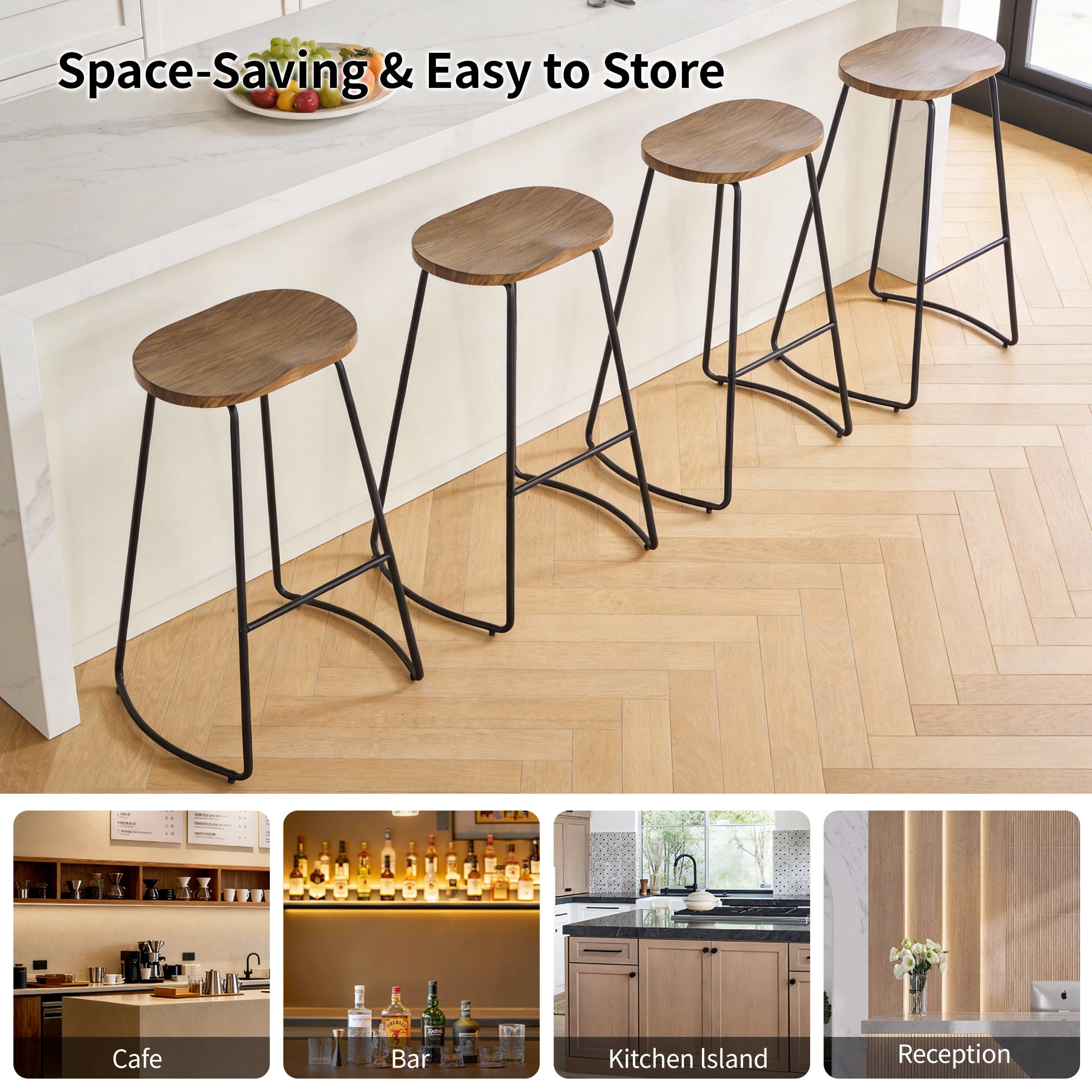 FIRAVOE Counter Height Bar Stools (Saddle Seat Backless) Barstools Set of 2, 26" Rustic Wooden Counter Stools Kitchen Stools