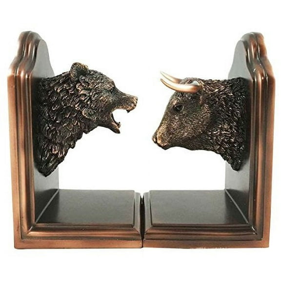 Wallstreet Stock Market Bull and Bear Head Bookends Bronze Electroplated Figurine Investors Gifts Money Managers