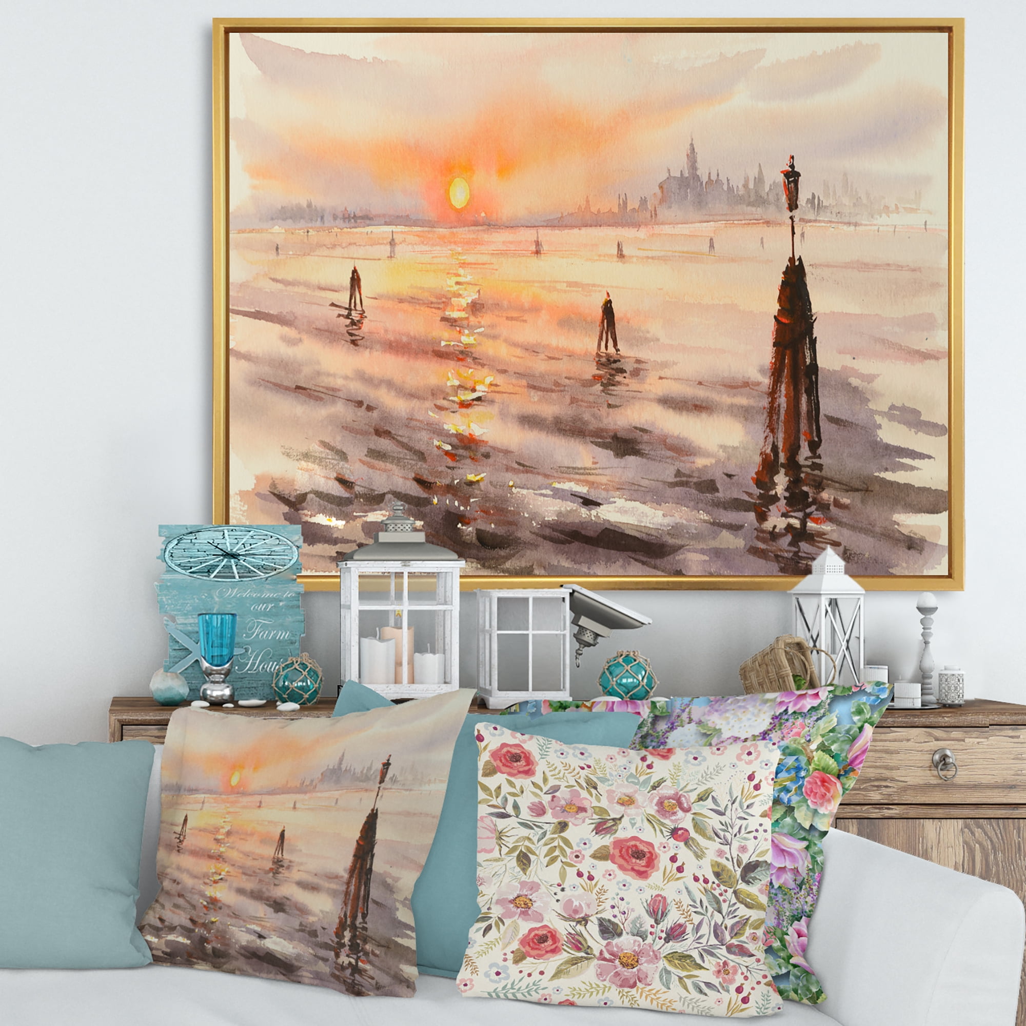 Designart 'Panorama of Venice Laguna Beach At Sunset' Nautical & Coastal Framed Canvas Wall Art Print