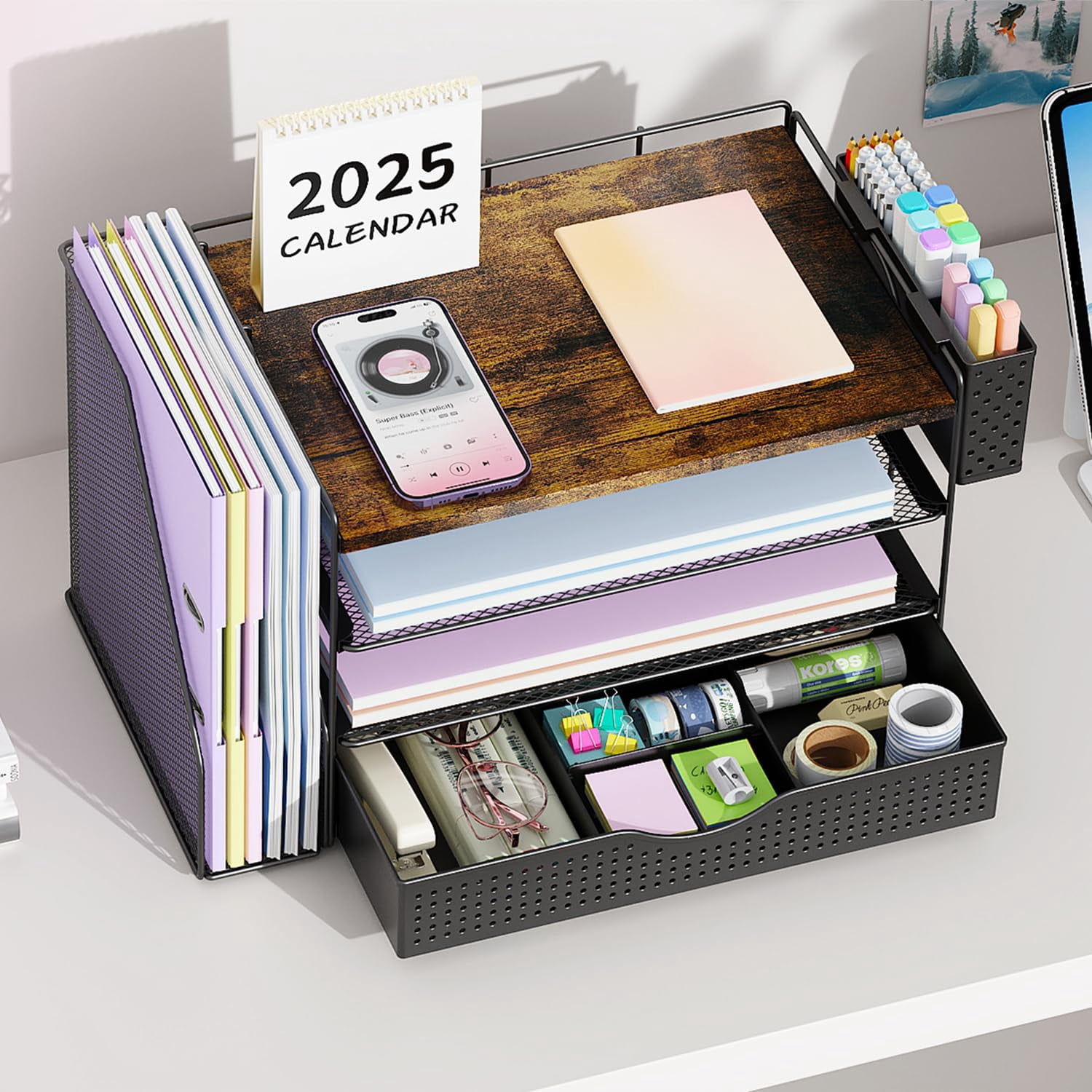 Wood Desk Organizers And Accessories With File Holder  4-tier & Workspace Drawer Pen Reference Organizer (wood)