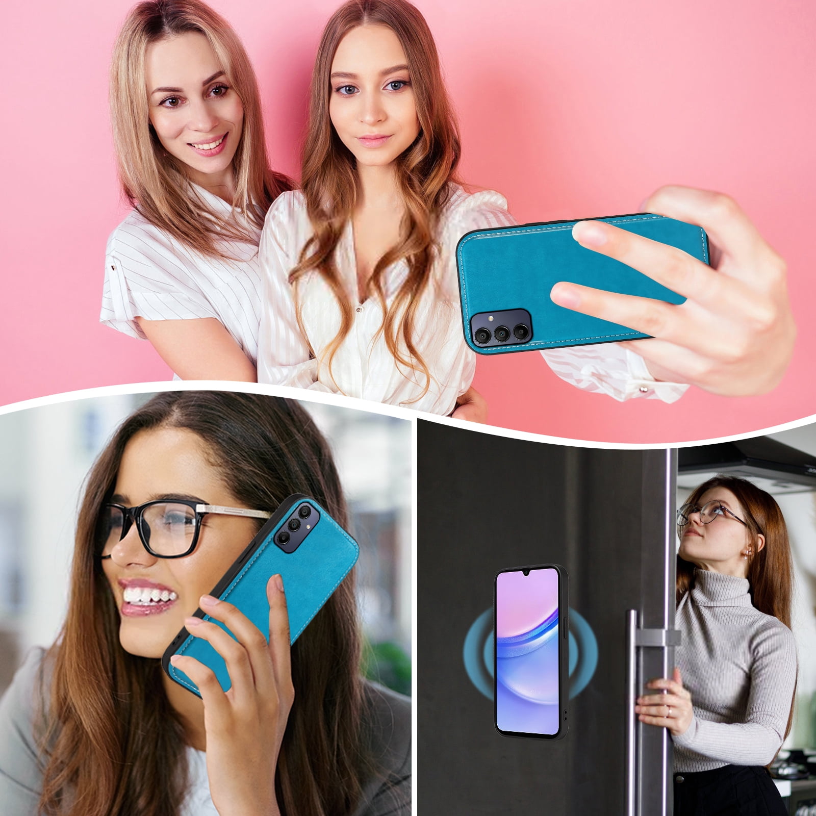 Asuwish Phone Case for Samsung Galaxy A15 5G/4G Zipper Wallet Detachable Cell Cover with Tempered Glass Screen Protector Crossbody Lanyard Strap Flower Flip Card Holder A 15 G5 15A Women Girls Blue