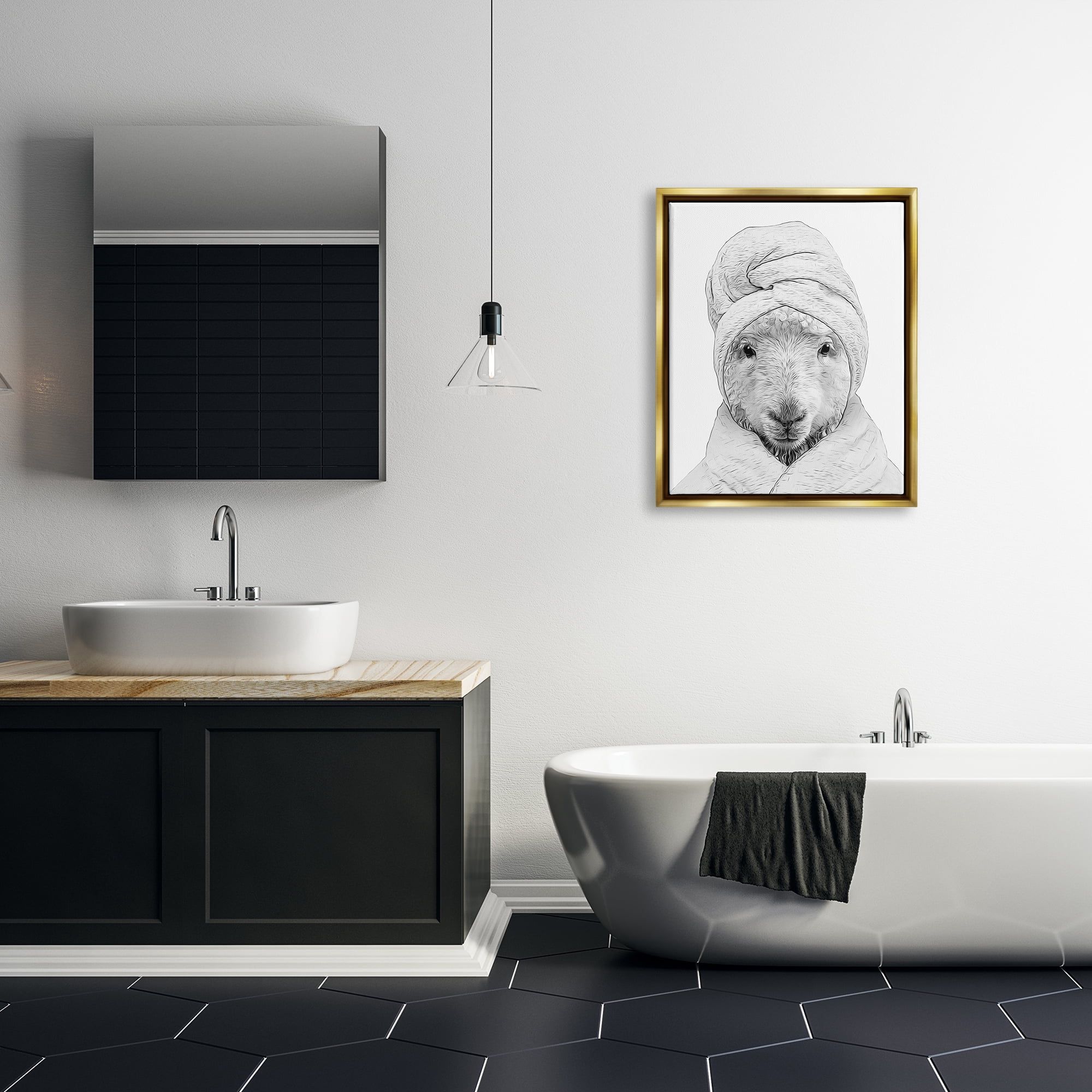 Stupell Industries Sheep Bathroom Robe Funny Animal Animals & Insects Painting Gold Floater Framed Art Print Wall Art
