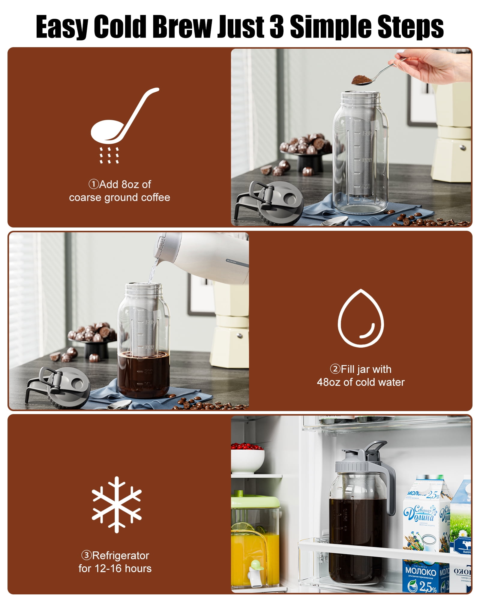 VA1KENE 64oz Cold Brew Coffee Pitcher Ice Coffee Maker with Spout, Handle & Stainless Steel Filter Coffee Maker with lid for Home Kitchen-Gray