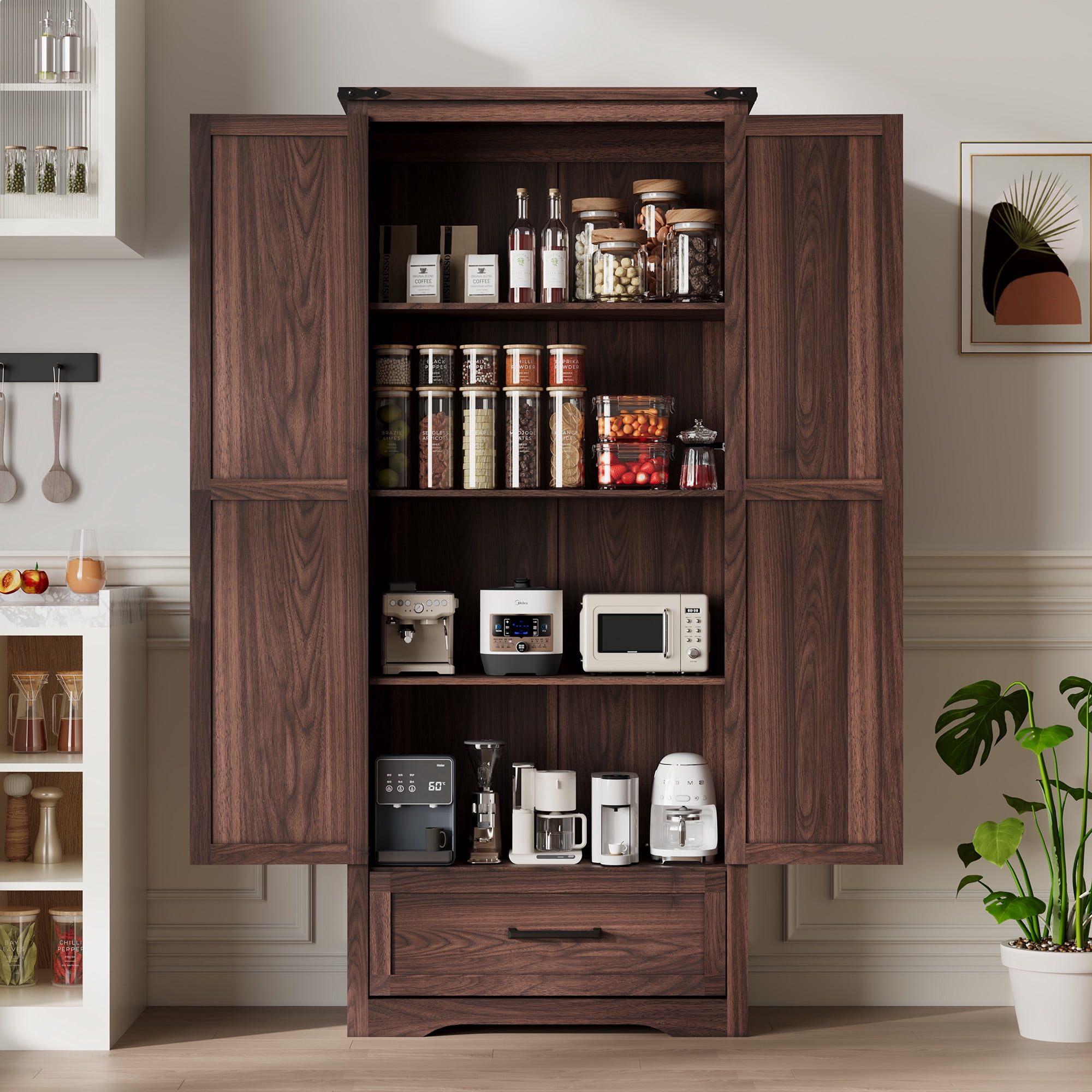 ACCOHOHO Pantry Cabinet, 72" Tall Farmhouse Storage Cabinet with Adjustable Shelves & 1 Drawer for for Kitchen, Dining Room, Brown