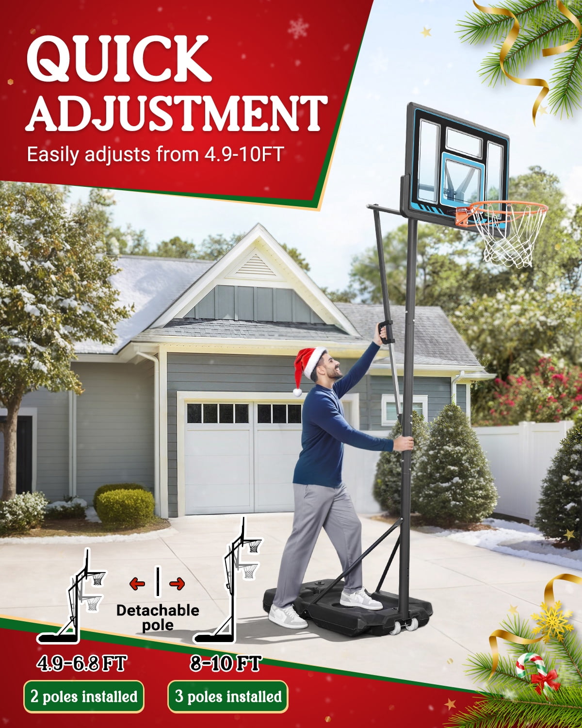 SERAY Basketball Hoop 4.9-10 feet Height Adjustable for Kids, Teens & Adults, 44 inch Backboard and Portable Wheels, Basketball Goal System for Outdoor/Indoor Sports
