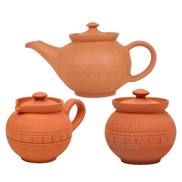 Bouilloire en Argile Terracotta Faite à la Main 1 Pot à Lait + 1 Pot à Sucre + 1 Thé Café