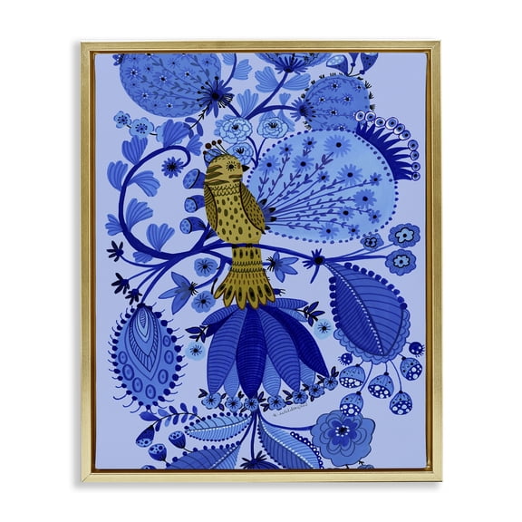 Stupell Industries Folk Inspired Whimsical Bird Animals Painting Gold Floater Framed Canvas Art Print Wall Art, 17 x 21