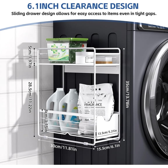 2 Tier Magnetic Shelves for Washing Machine with Pull Out Metal Drawer,Magnetic Spice Rack for Fridge,Magnetic Rack with no Installation, Versatile Storage Organizers for Home (White, 2 Tier)